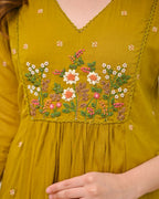Mustard Mul Chanderi Aline Embriodery Suit Set