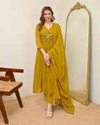Mustard Mul Chanderi Aline Embriodery Suit Set