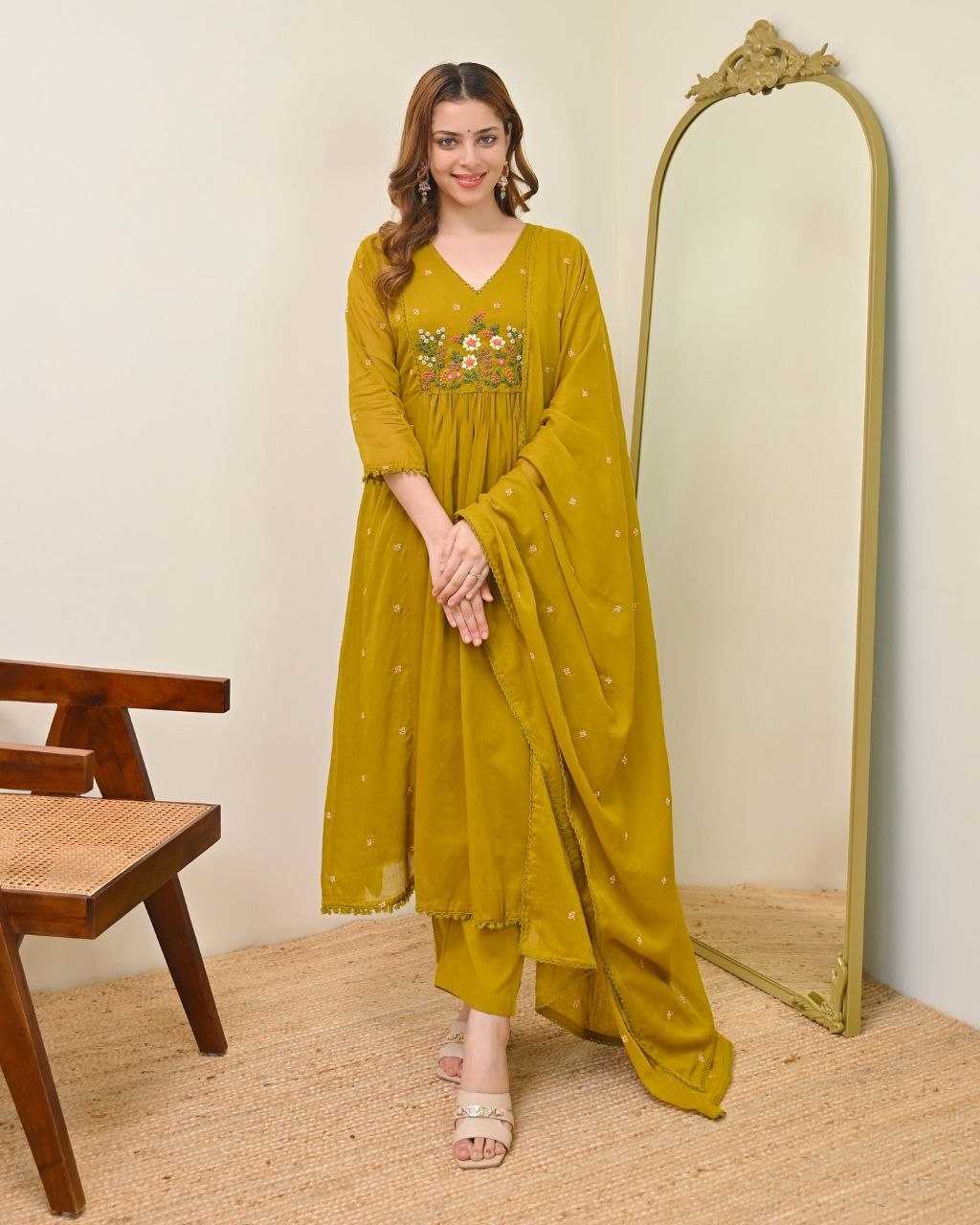Mustard Mul Chanderi Aline Embriodery Suit Set