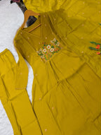 Mustard Mul Chanderi Aline Embriodery Suit Set