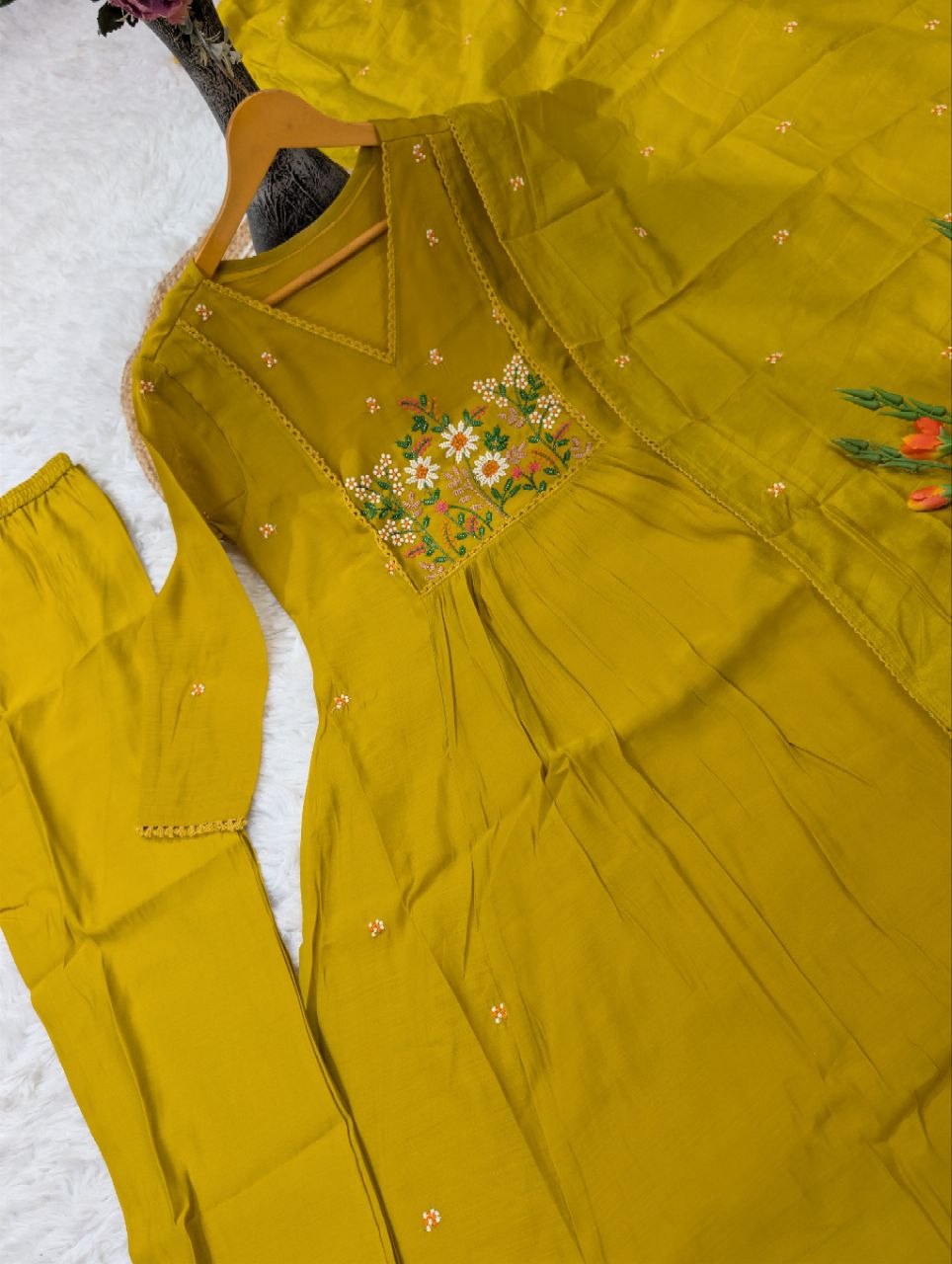 Mustard Mul Chanderi Aline Embriodery Suit Set