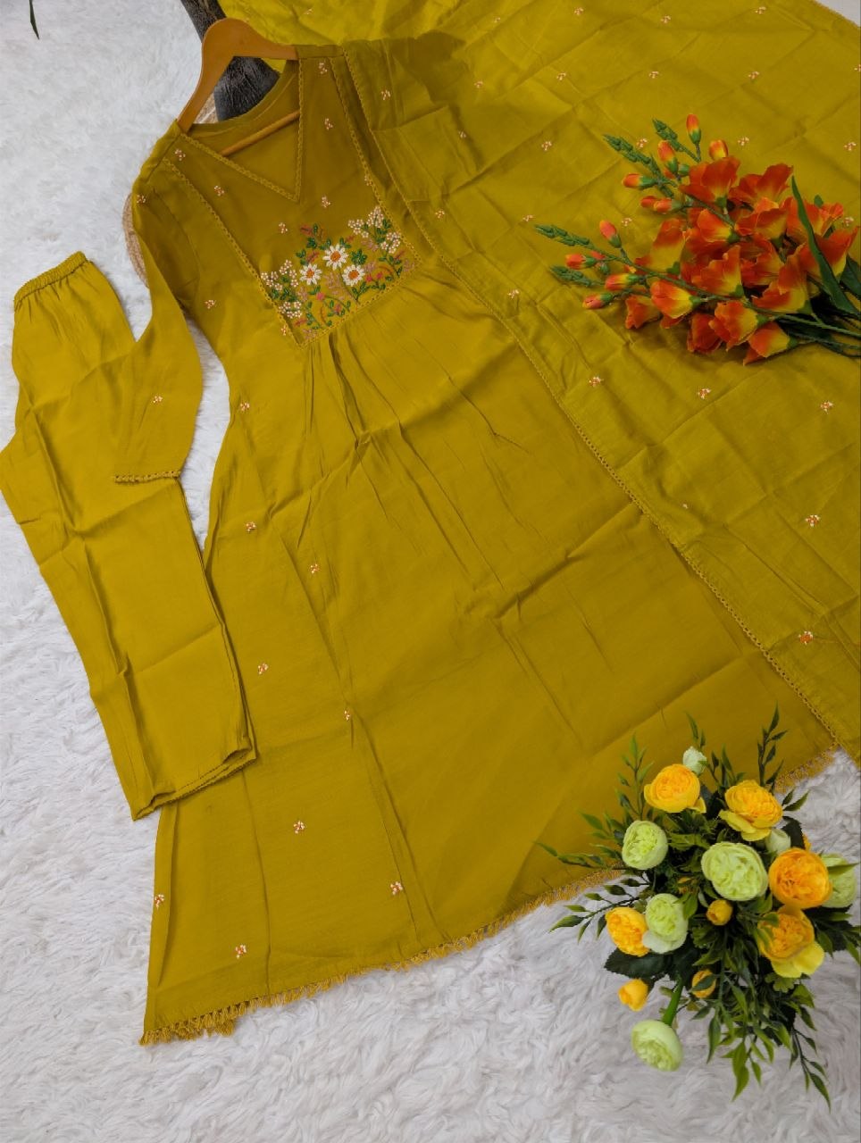 Mustard Mul Chanderi Aline Embriodery Suit Set