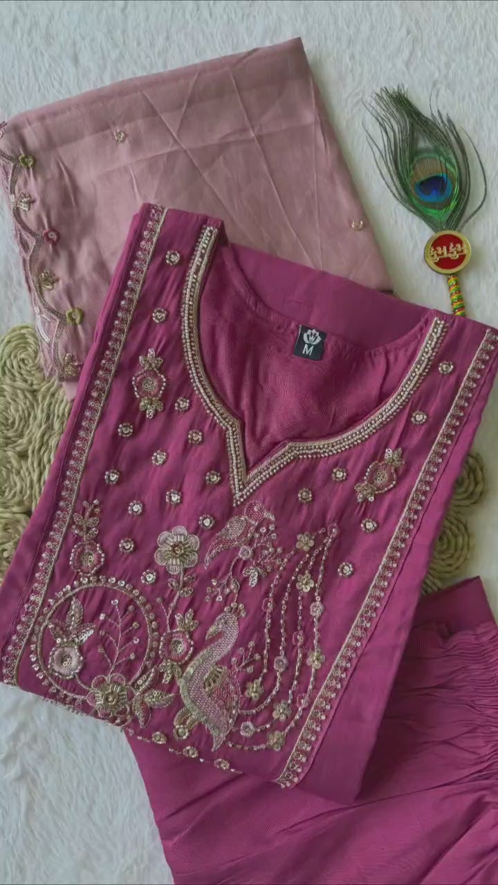 Rouge Pink Roman Silk Handwork Suit